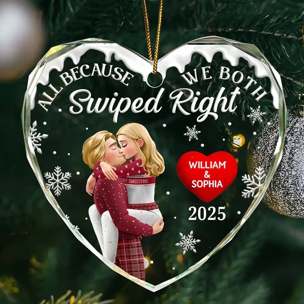 All Because We Both Swiped Right 3D Kissing Couple - Personalized Glass Ornament