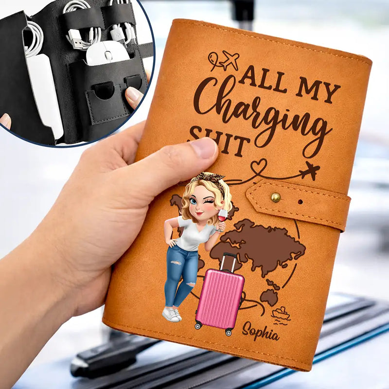 Gift For Yourself, Gift For Women, Gift For Men, Travel, Happy - All My Charging Sh*t Turban Woman Man - Personalized Leather Cable Bag