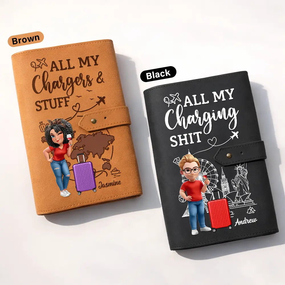 Gift For Yourself, Gift For Women, Gift For Men, Travel, Happy - All My Charging Sh*t Turban Woman Man - Personalized Leather Cable Bag