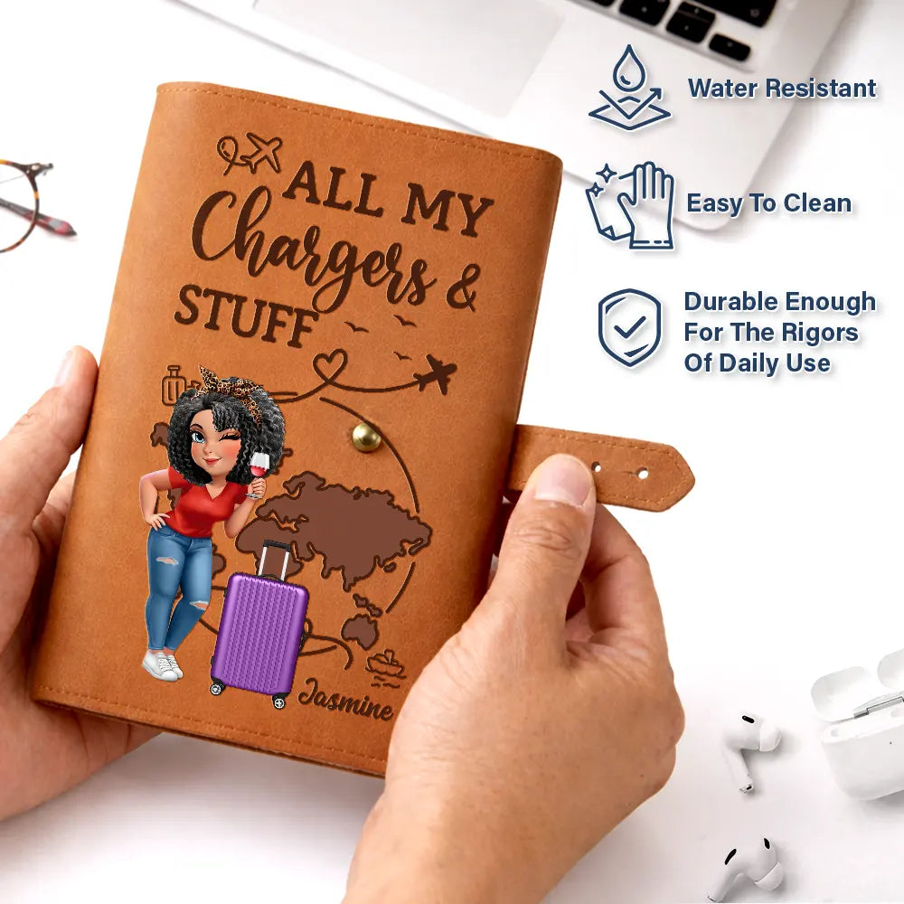 Gift For Yourself, Gift For Women, Gift For Men, Travel, Happy - All My Charging Sh*t Turban Woman Man - Personalized Leather Cable Bag