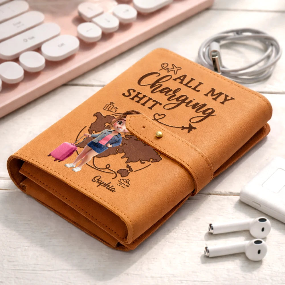 Gift For Women, Gift For Men, Gift For Yourself, Happy, Travel - All My Charging Sh*t - Personalized Leather Cable Bag