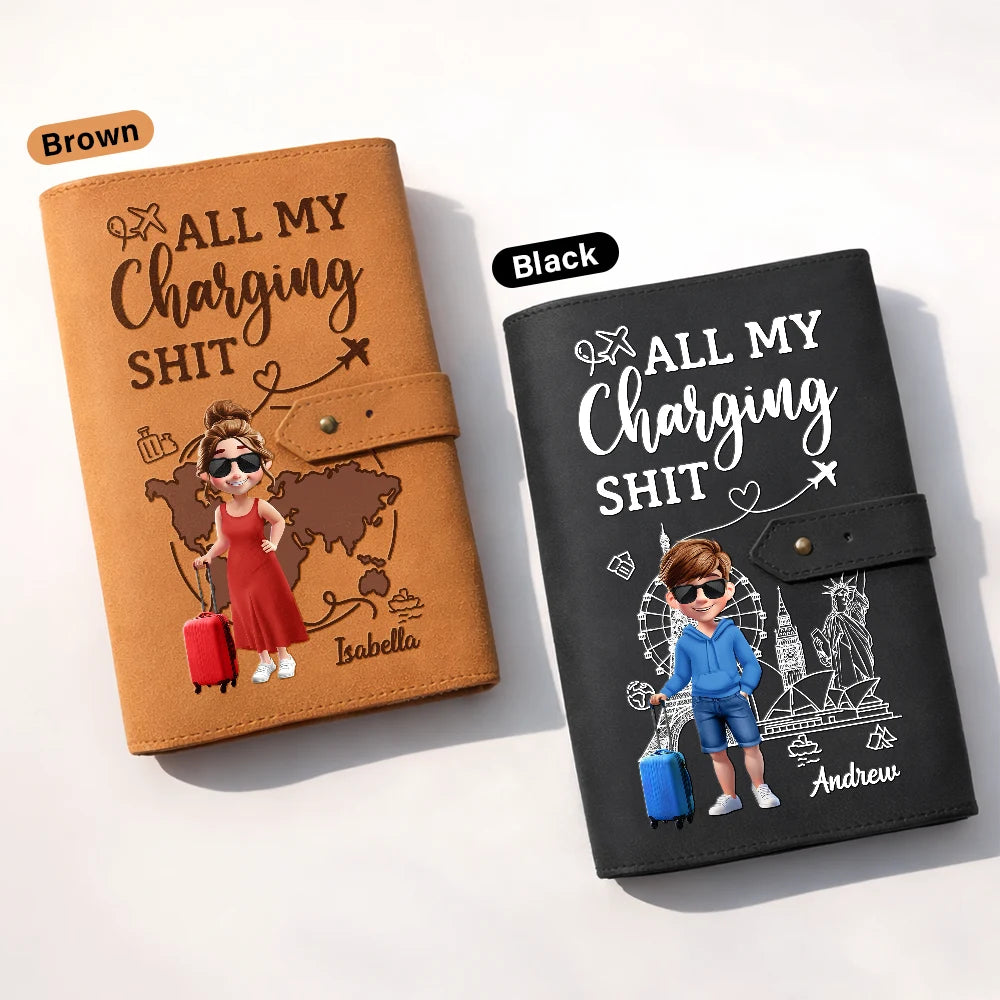 Gift For Women, Gift For Men, Gift For Yourself, Happy, Travel - All My Charging Sh*t - Personalized Leather Cable Bag