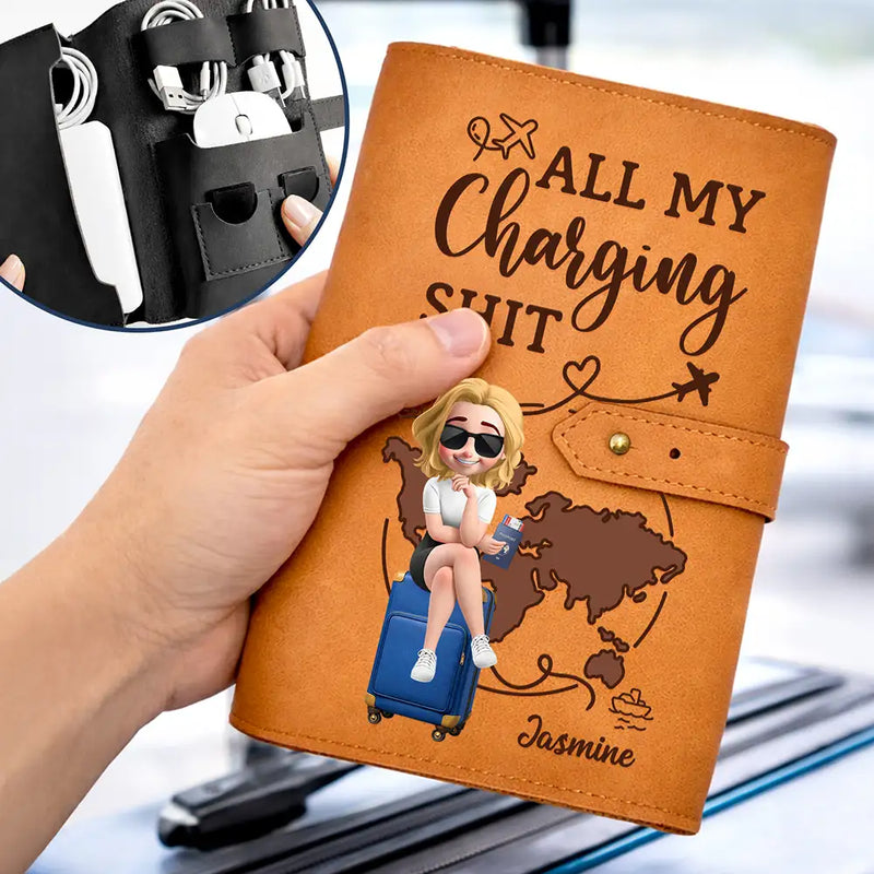 Gift For Yourself, Gift For Women, Gift For Men, Travel, Happy - All My Charging Stuff - Personalized Leather Cable Bag