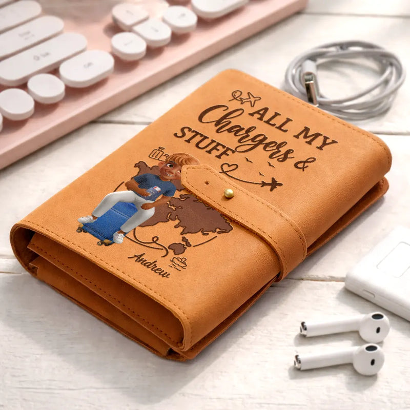 Gift For Yourself, Gift For Women, Gift For Men, Travel, Happy - All My Charging Stuff - Personalized Leather Cable Bag