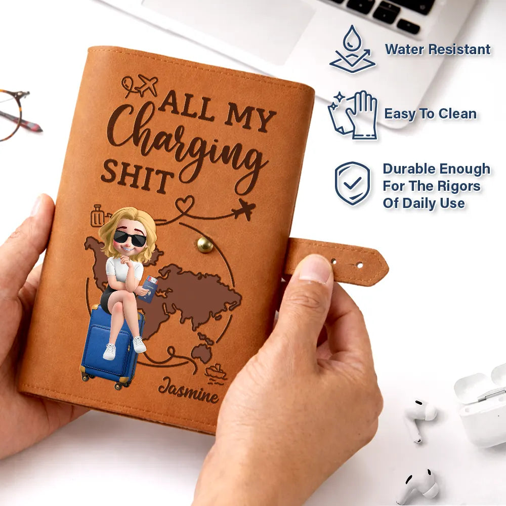 Gift For Yourself, Gift For Women, Gift For Men, Travel, Happy - All My Charging Stuff - Personalized Leather Cable Bag