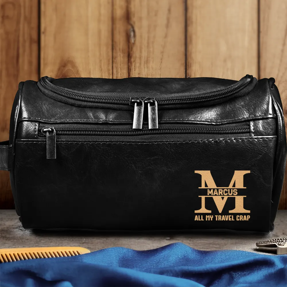 Gift For Men,Travel,Cruising,Happy,Icon - All My Cruise Crap Monogram - Personalized Leather Toiletry Bag
