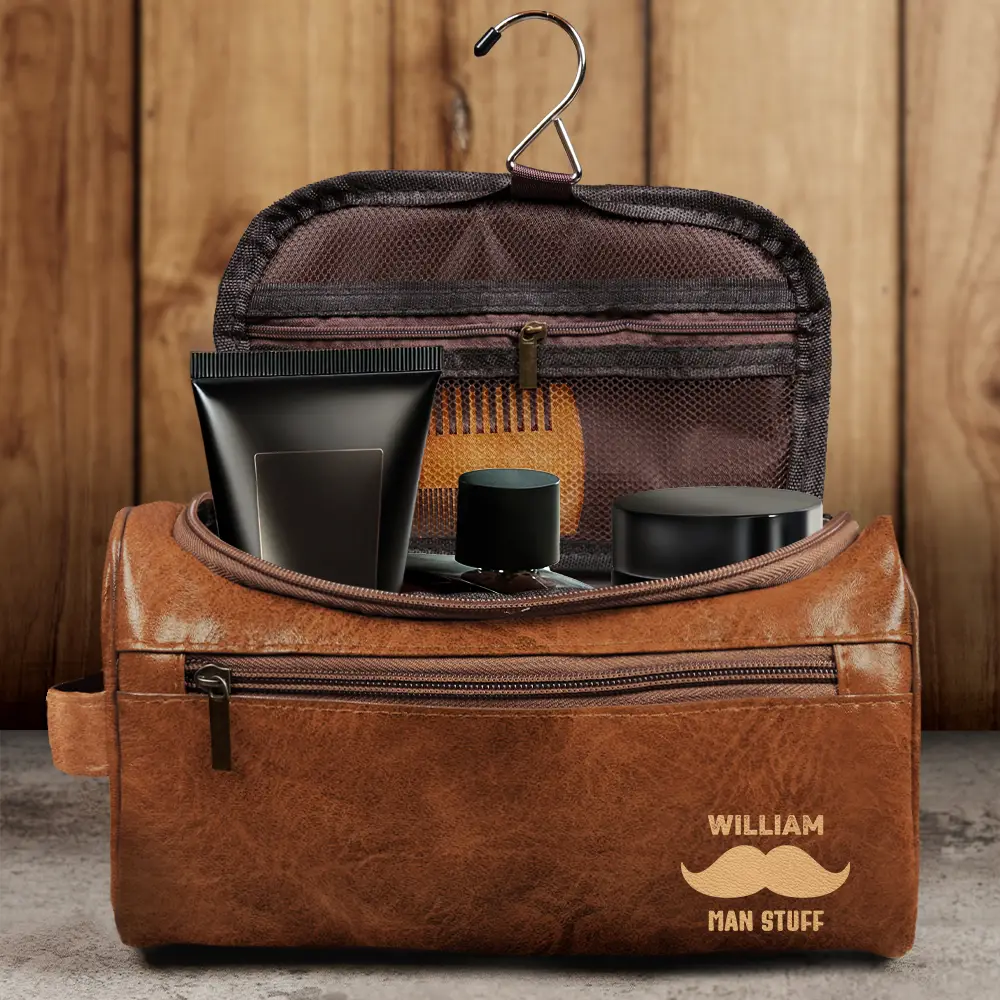 Gift For Men,Travel,Cruising,Happy,Icon - All My Cruise Crap Monogram - Personalized Leather Toiletry Bag