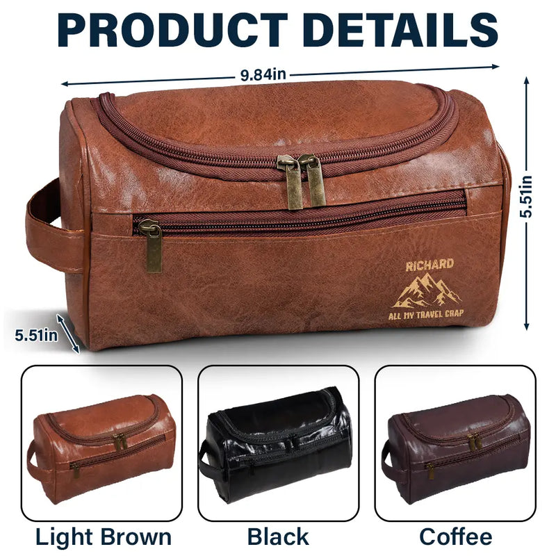 Gift For Men,Travel,Cruising,Happy,Icon - All My Cruise Crap Monogram - Personalized Leather Toiletry Bag