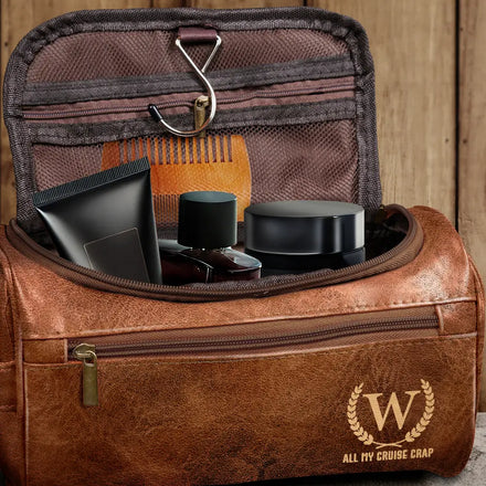 All My Cruise Crap Monogram - Personalized Leather Toiletry Bag