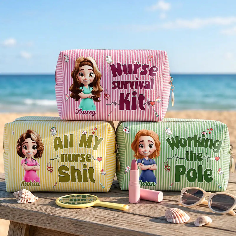 Summer,Nurse,Humorous,Vector - All My Nurse Sh*t Custom Name - Personalized Striped Cosmetic Bag