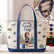 Travel,Gift For Yourself,Gift For Women,Vector,Happy - All My Travel Crap - Personalized Fabric Tote Bag