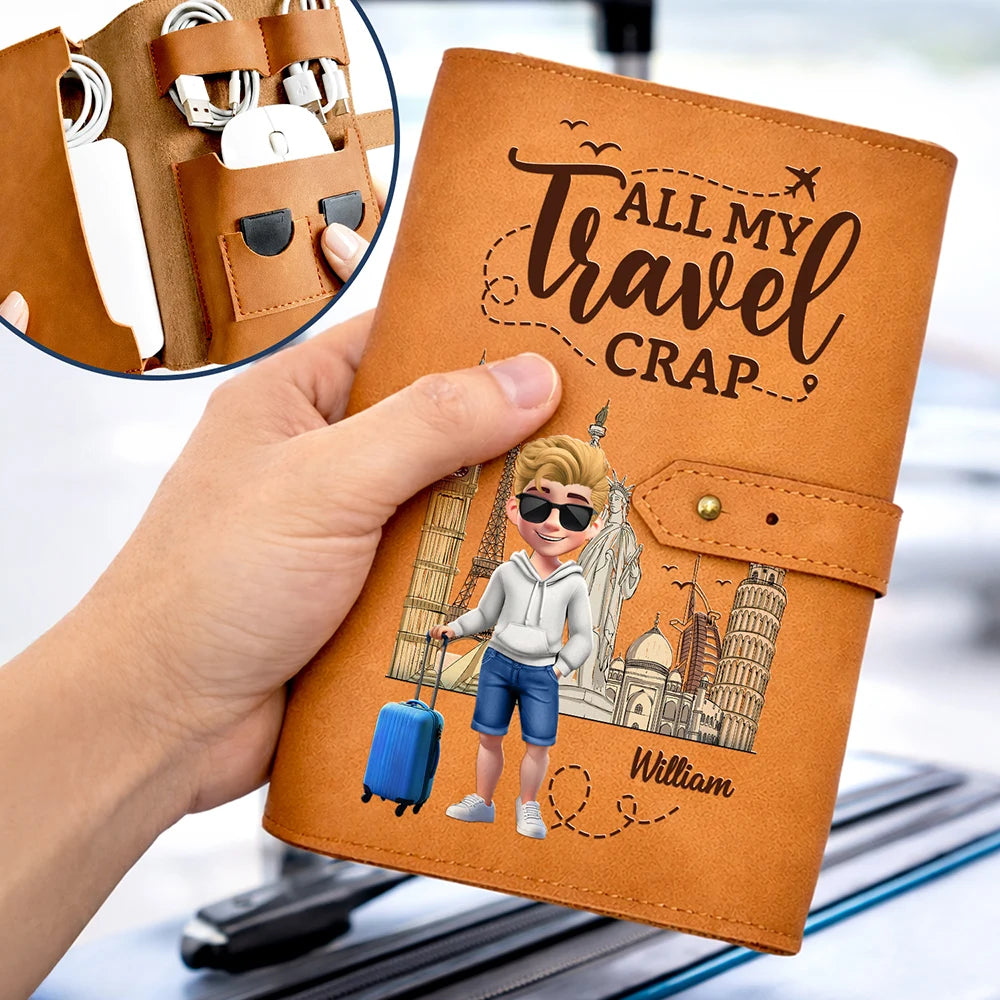 Gift For Yourself,Gift For Women,Gift For Men,Happy,Travel,Cruising - All My Travel Crap - Personalized Leather Cable Bag