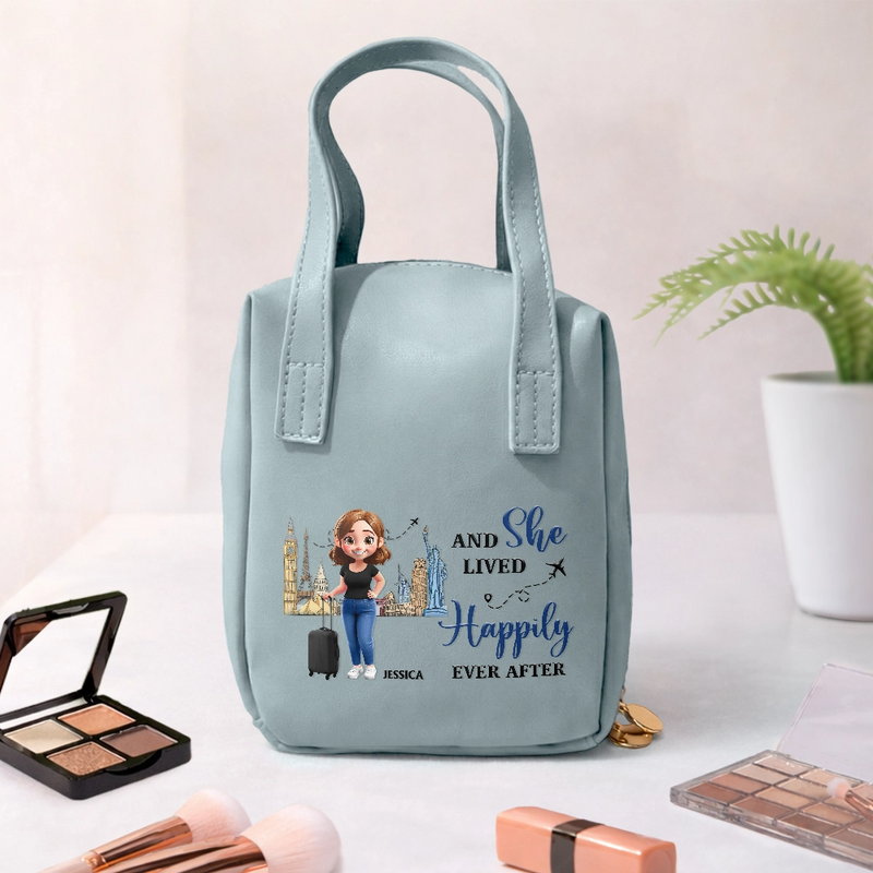 Travel, Gift For Yourself, Gift For Women, Happy - All My Travel Crap - Personalized Leather Makeup Bag With Handle