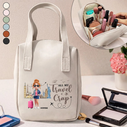 All My Travel Crap - Personalized Leather Makeup Bag With Handle