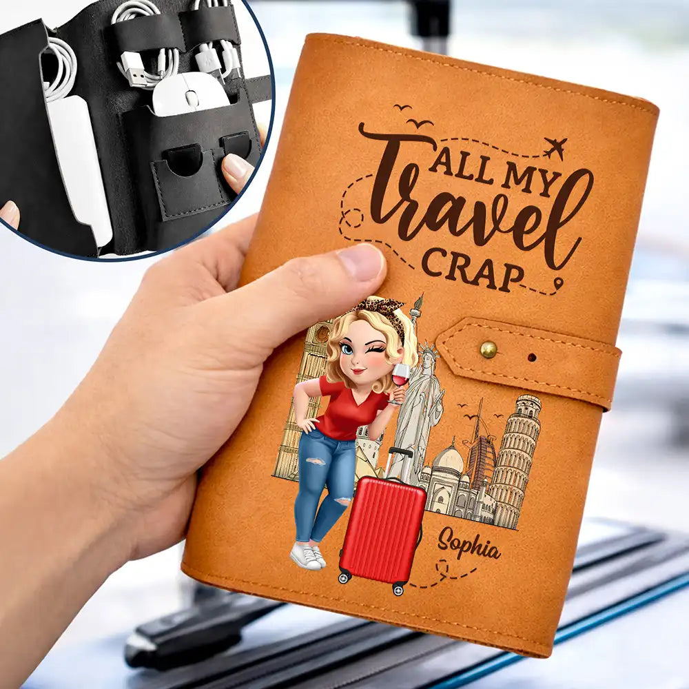 Gift For Yourself,Gift For Women,Gift For Men,Travel,Happy - All My Travel Crap 3D Effect Woman Man - Personalized Leather Cable Bag