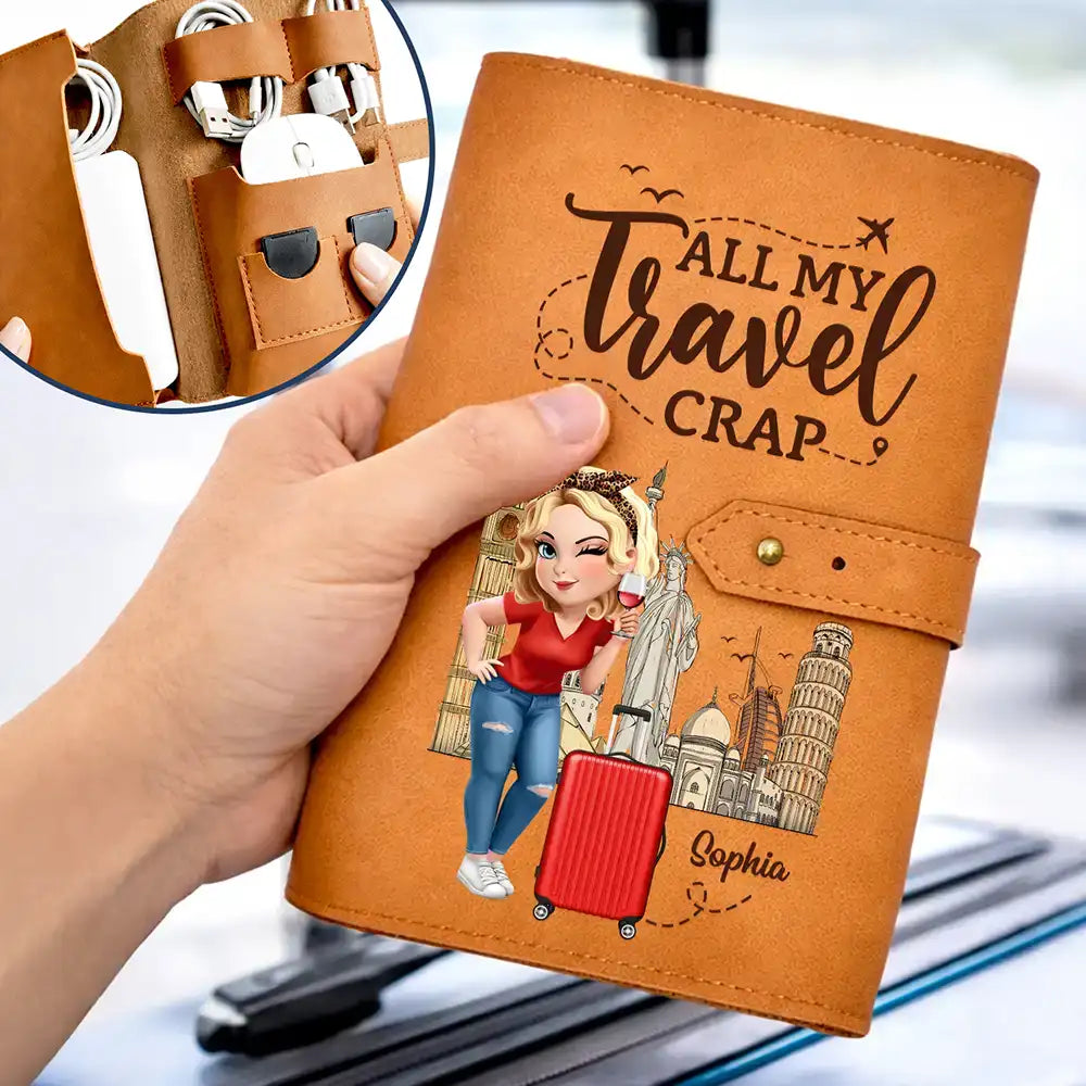 Gift For Yourself,Gift For Women,Gift For Men,Travel,Happy - All My Travel Crap 3D Effect Woman Man - Personalized Leather Cable Bag