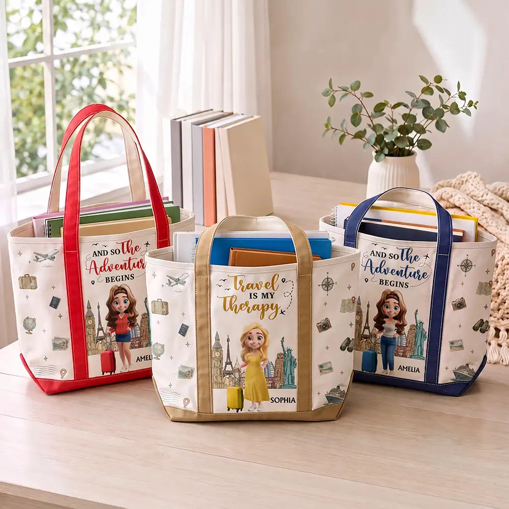 Travel,Gift For Yourself,Gift For Women,Vector,Happy - All My Travel Crap - Personalized Fabric Tote Bag