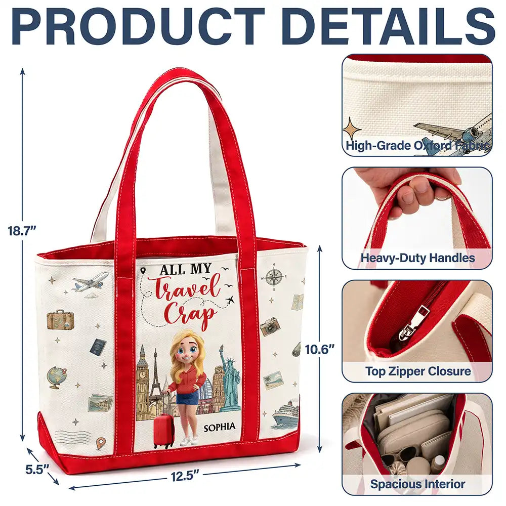 Travel,Gift For Yourself,Gift For Women,Vector,Happy - All My Travel Crap - Personalized Fabric Tote Bag