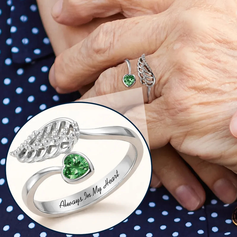 Memorial,Pet Lovers,Pet Mom - Sweetest Hello Hardest Goodbye - Personalized Wing And Heart Birthstone Ring