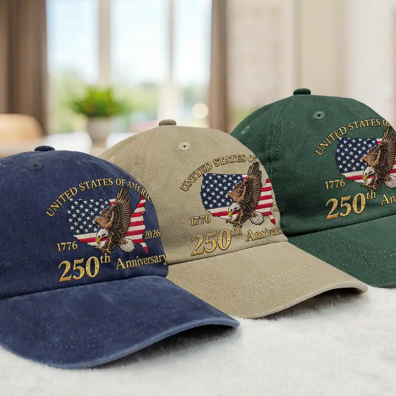 Gift For Yourself,Gift For Women,Gift For Men,Independence Day,America 250th,No Custom,Happy - America 250 Faux Embroidery Patriotic Eagle - Vintage Washed Denim Cap