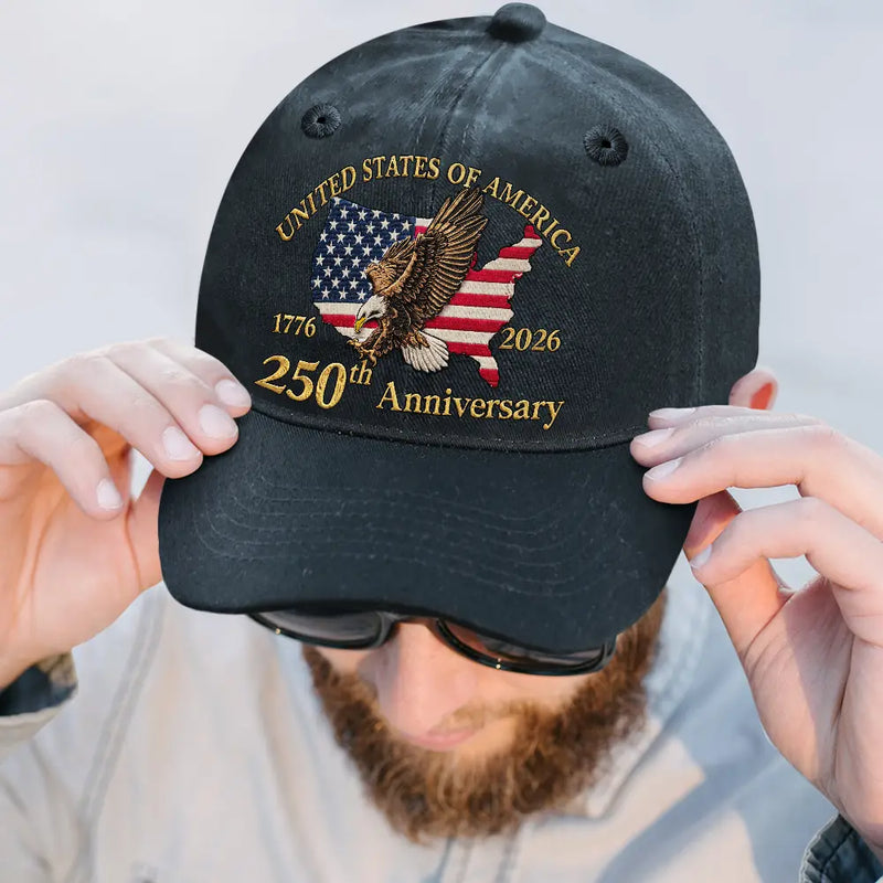 Gift For Yourself,Gift For Women,Gift For Men,Independence Day,America 250th,No Custom,Happy - America 250 Faux Embroidery Patriotic Eagle - Vintage Washed Denim Cap