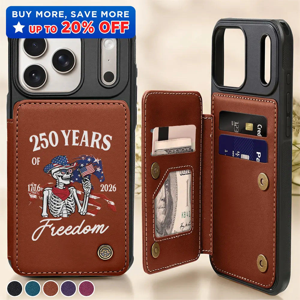 America 250 Years Of Freedom Cowboy Skeleton - Leather Flip Wallet Phone Case