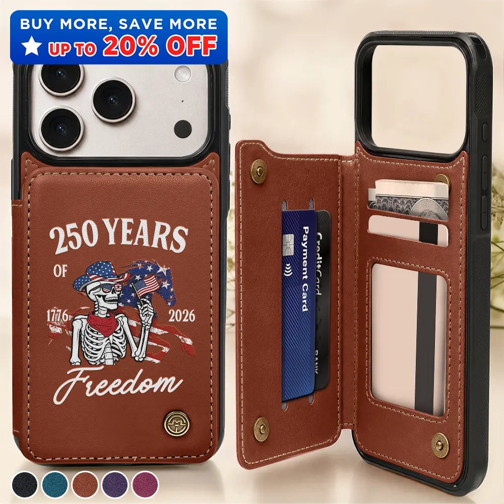 America 250 Years Of Freedom Cowboy Skeleton - Leather Flip Wallet Phone Case