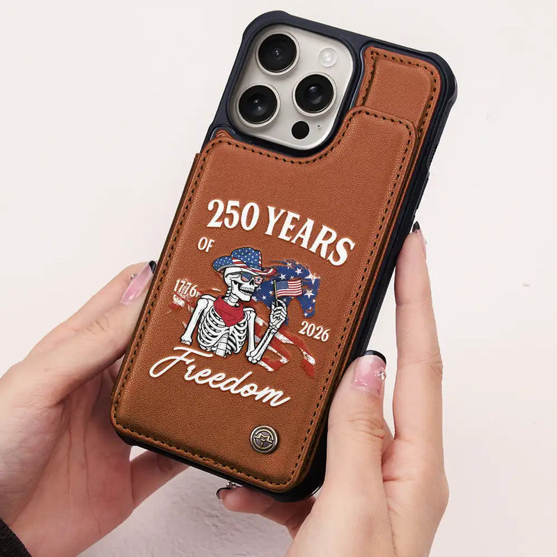 Gift For Yourself,Gift For Women,Gift For Men,Independence Day,America 250th,Happy,No Custom - America 250 Years Of Freedom Cowboy Skeleton - Leather Flip Wallet Phone Case