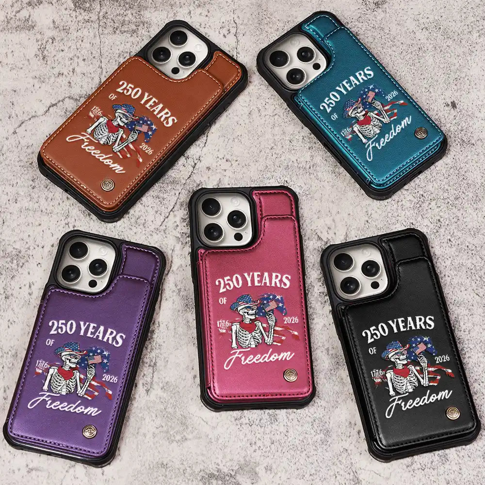 Gift For Yourself,Gift For Women,Gift For Men,Independence Day,America 250th,Happy,No Custom - America 250 Years Of Freedom Cowboy Skeleton - Leather Flip Wallet Phone Case