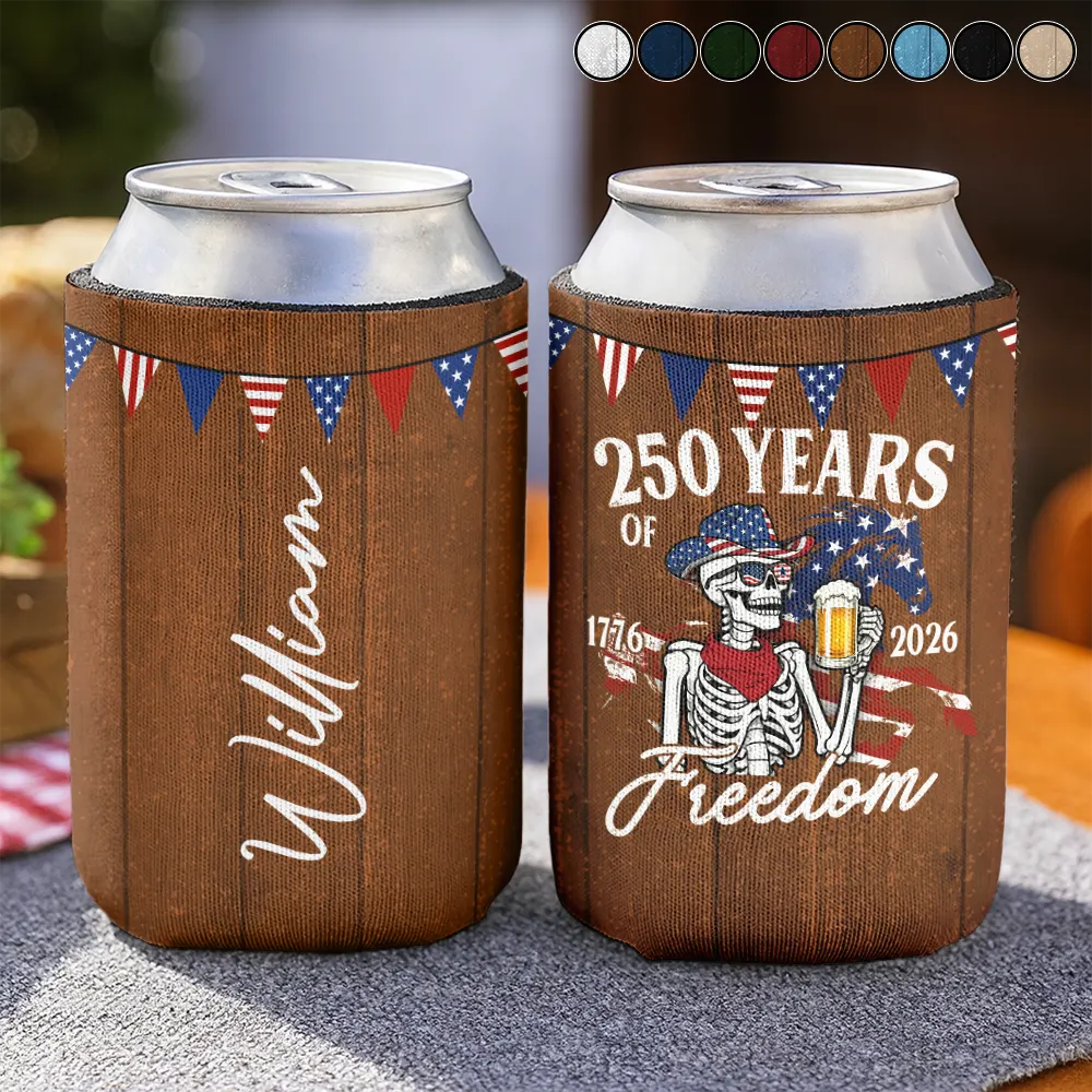 America 250 Years Of Freedom Cowboy Skeleton - Personalized Can Cooler Sleeve