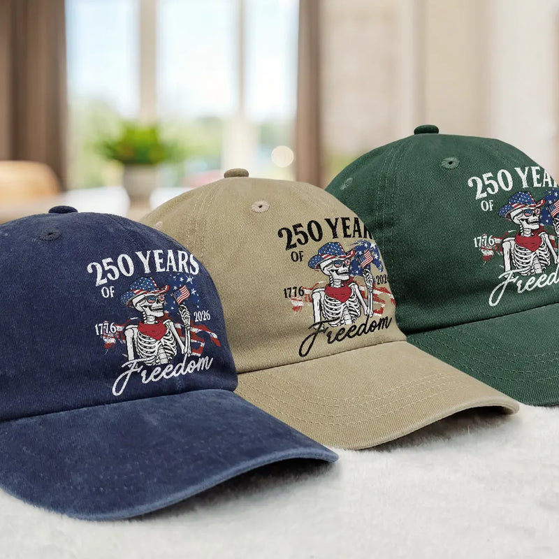 Gift For Yourself,Gift For Women,Gift For Men,Independence Day,America 250th,Happy,No Custom - America 250 Years Of Freedom Cowboy Skeleton - Vintage Washed Denim Cap