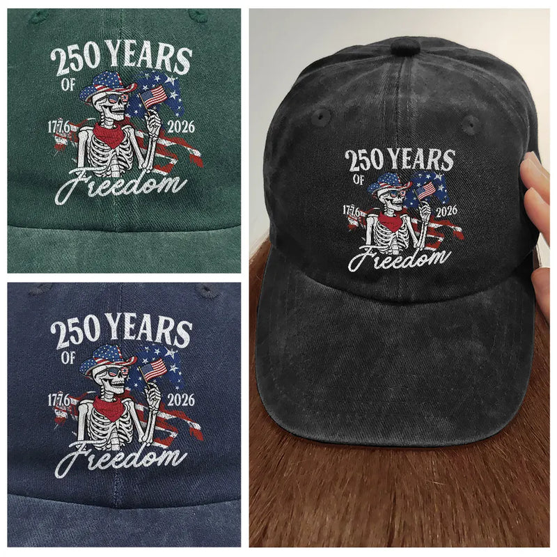 Gift For Yourself,Gift For Women,Gift For Men,Independence Day,America 250th,Happy,No Custom - America 250 Years Of Freedom Cowboy Skeleton - Vintage Washed Denim Cap