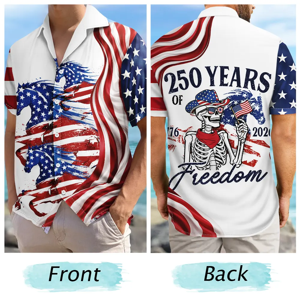 Gift For Yourself,Gift For Women,Gift For Men,Independence Day,America 250th,Happy,No Custom - America 250 Years Of Freedom Cowboy Skeleton With Horses - Hawaiian Shirt