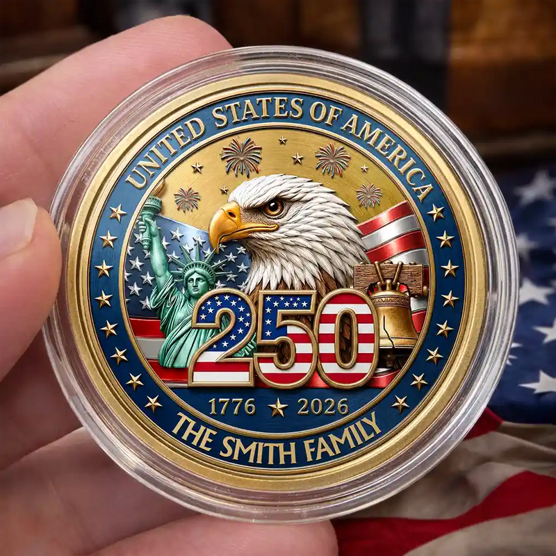 America 250th, Independence Day, Family, Proud, Custom Text - America 250th Anniversary Family Name - Personalized Commemorative Keepsake Coin