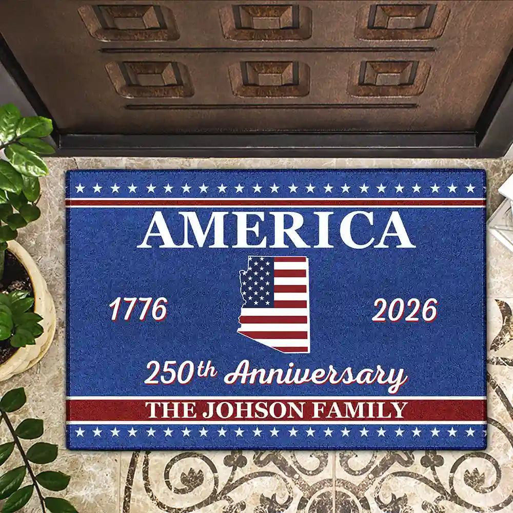 Gift For Couples,Gift For Husband,Gift For Wife,Gift For Boyfriend,Gift For Girlfriend,Parents,Gift For Yourself,Gift For Women,Gift For Men,Gift For Mother,Gift For Father,Gift For Daughter,Gift For Son,Family,Independence Day,America 250th,Happy - America 250th Anniversary Family With US State - Personalized Doormat