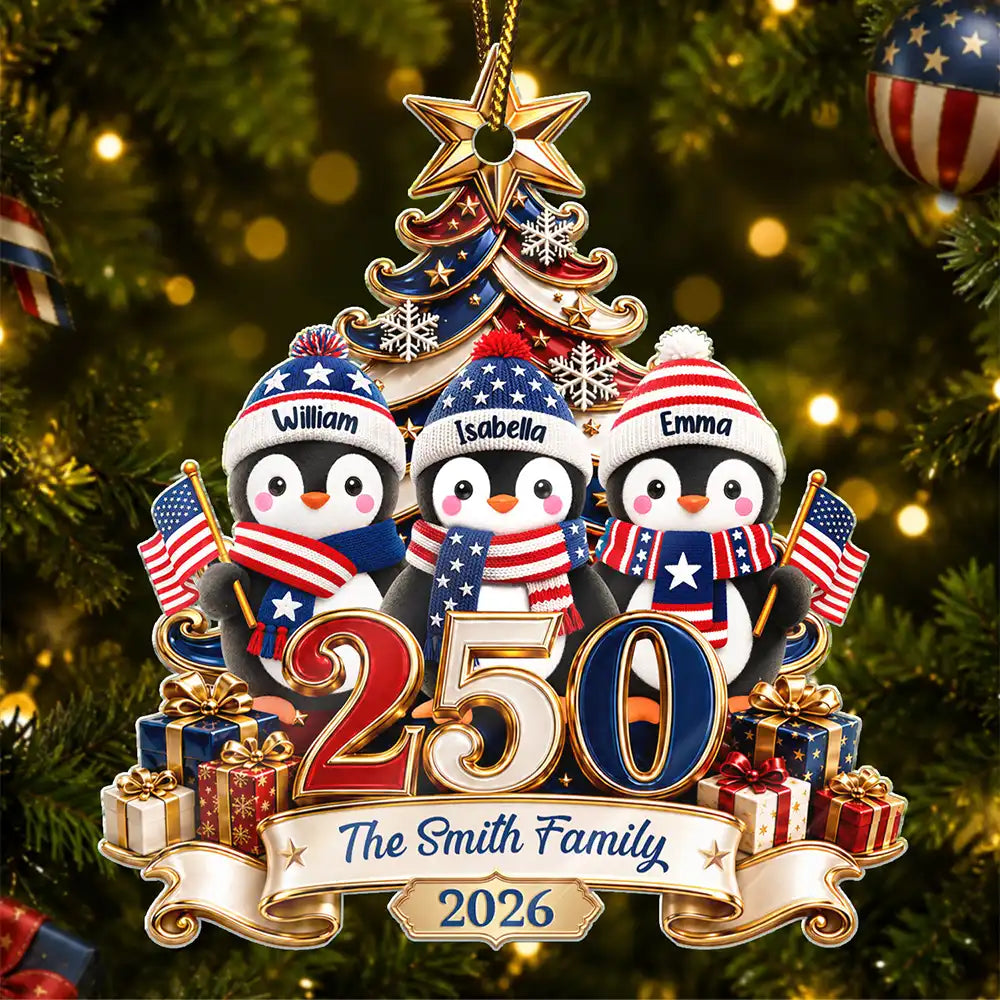 Independence Day,America 250th,Christmas,Proud,Family,Icon - America 250th Anniversary Penguin Family Christmas - Personalized Custom Shaped Acrylic Ornament