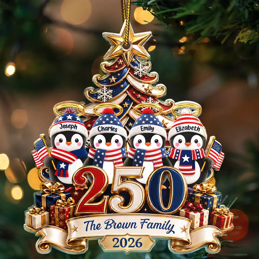 Independence Day,America 250th,Christmas,Proud,Family,Icon - America 250th Anniversary Penguin Family Christmas - Personalized Custom Shaped Acrylic Ornament