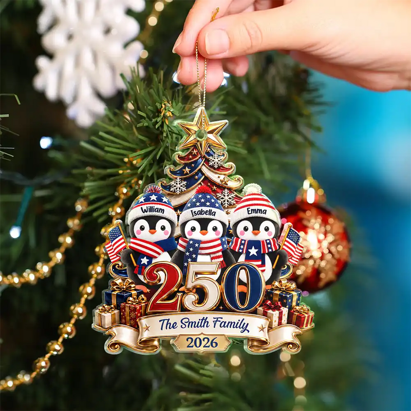 Independence Day,America 250th,Christmas,Proud,Family,Icon - America 250th Anniversary Penguin Family Christmas - Personalized Custom Shaped Acrylic Ornament