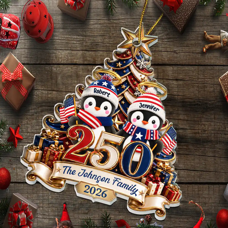 Independence Day,America 250th,Christmas,Proud,Family,Icon - America 250th Anniversary Penguin Family Christmas - Personalized Custom Shaped Acrylic Ornament
