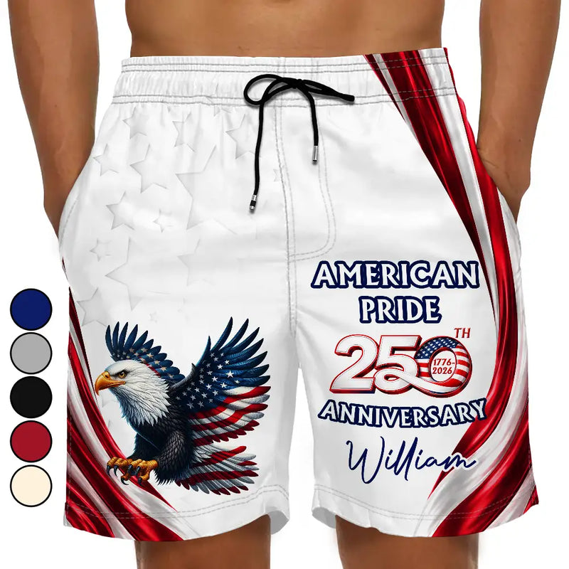 America 250th, Independence Day, Gift For Yourself, Proud, Icon - America 250th Anniversary US Pride Patriotic Eagle - Personalized Unisex Beach Shorts
