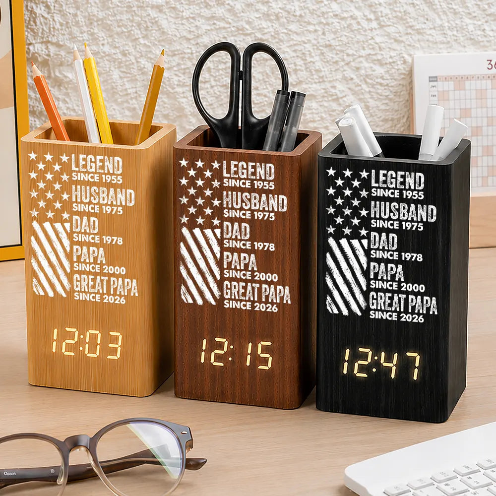 America 250th,Independence Day,Gift For Grandpa,Proud,Custom Text - America Legend Husband Dad Papa Stars And Stripes - Personalized Pen Holder With Clock