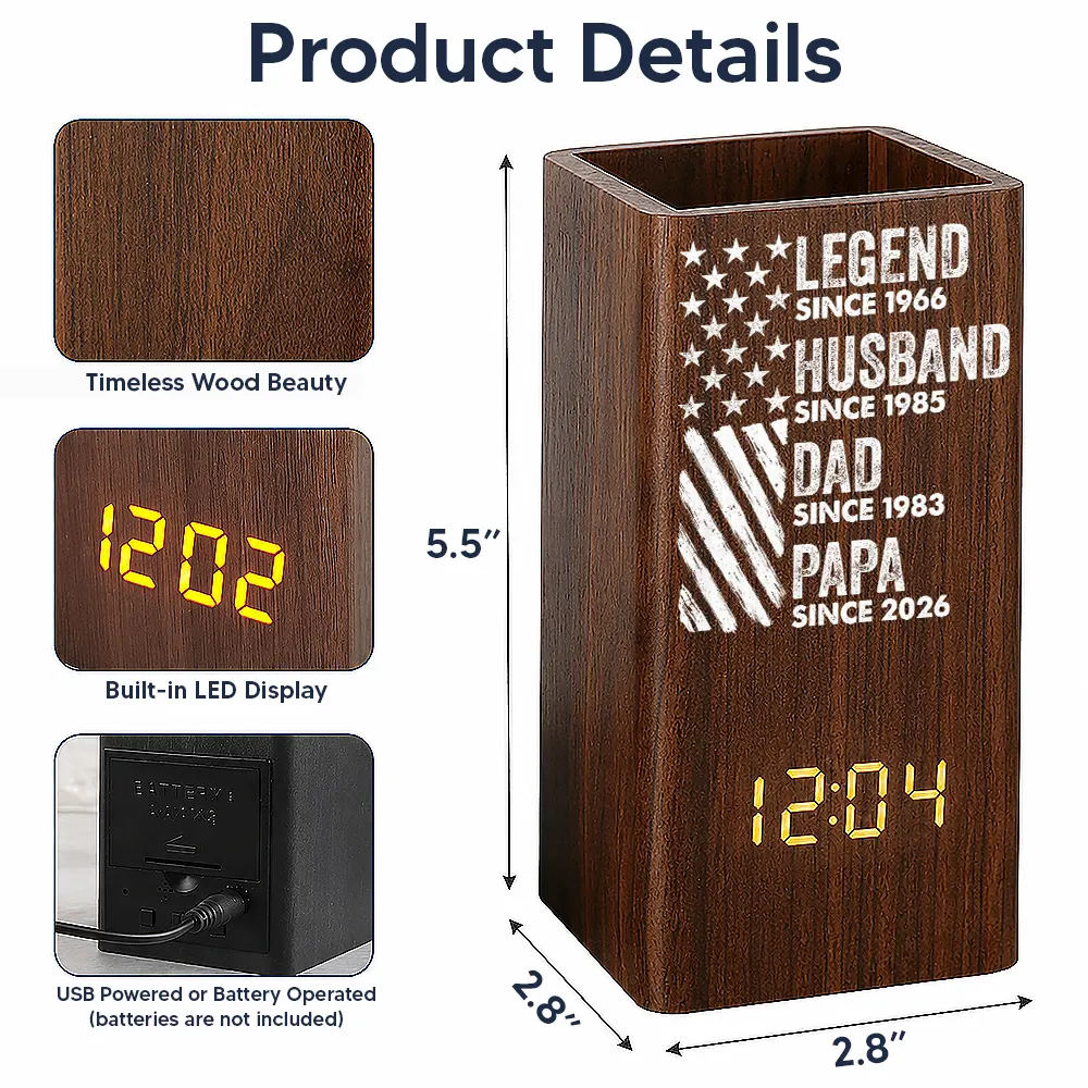 America 250th,Independence Day,Gift For Grandpa,Proud,Custom Text - America Legend Husband Dad Papa Stars And Stripes - Personalized Pen Holder With Clock