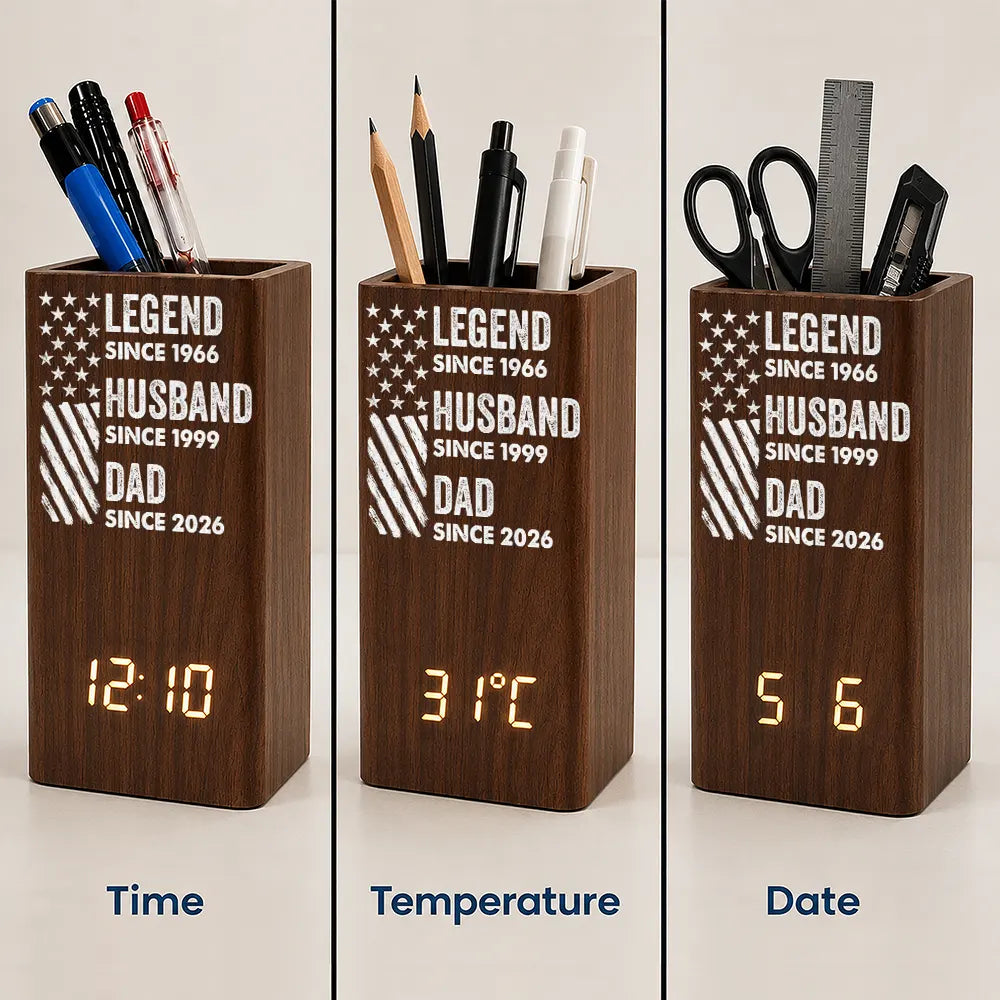 America 250th,Independence Day,Gift For Grandpa,Proud,Custom Text - America Legend Husband Dad Papa Stars And Stripes - Personalized Pen Holder With Clock