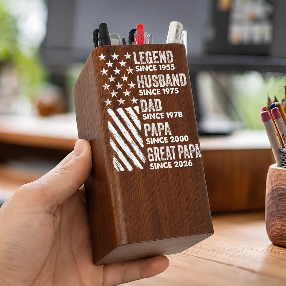 America 250th,Independence Day,Gift For Grandpa,Proud,Custom Text - America Legend Husband Dad Papa Stars And Stripes - Personalized Pen Holder With Clock