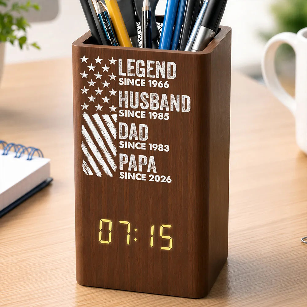 America 250th,Independence Day,Gift For Grandpa,Proud,Custom Text - America Legend Husband Dad Papa Stars And Stripes - Personalized Pen Holder With Clock