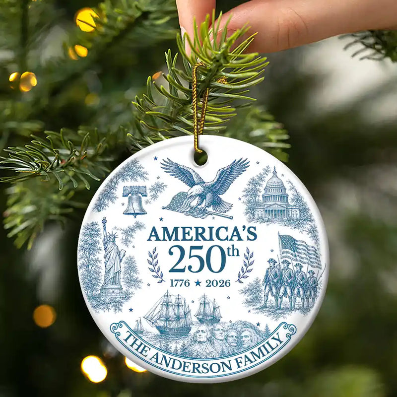 Independence Day,America 250th,Christmas,Proud,Family,Custom Text - American Patriotic Christmas Toile De Jouy - Personalized Circle Ceramic Ornament