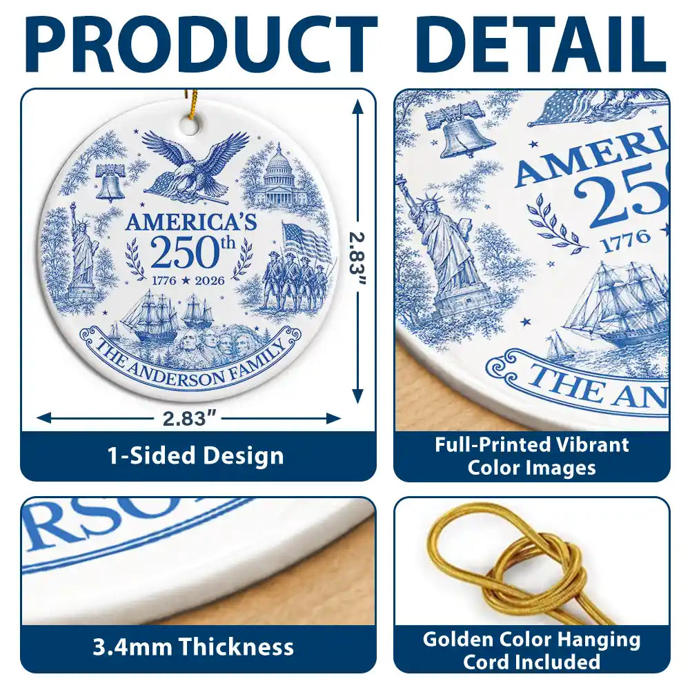 Independence Day,America 250th,Christmas,Proud,Family,Custom Text - American Patriotic Christmas Toile De Jouy - Personalized Circle Ceramic Ornament