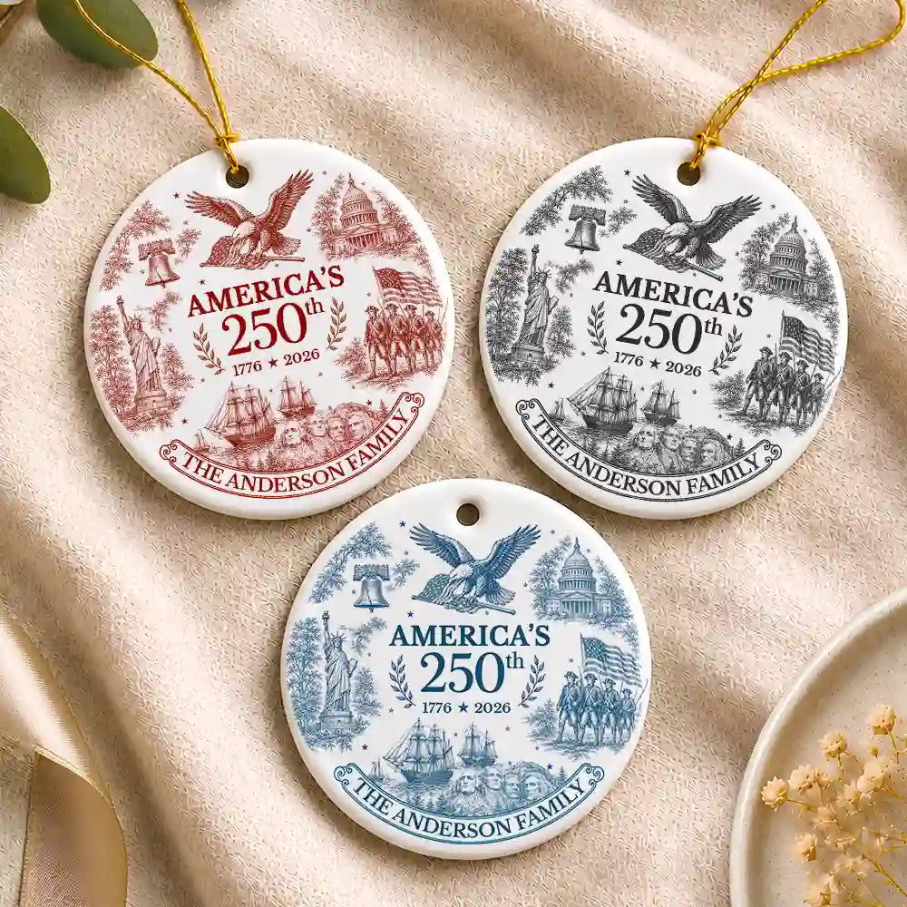 Independence Day,America 250th,Christmas,Proud,Family,Custom Text - American Patriotic Christmas Toile De Jouy - Personalized Circle Ceramic Ornament