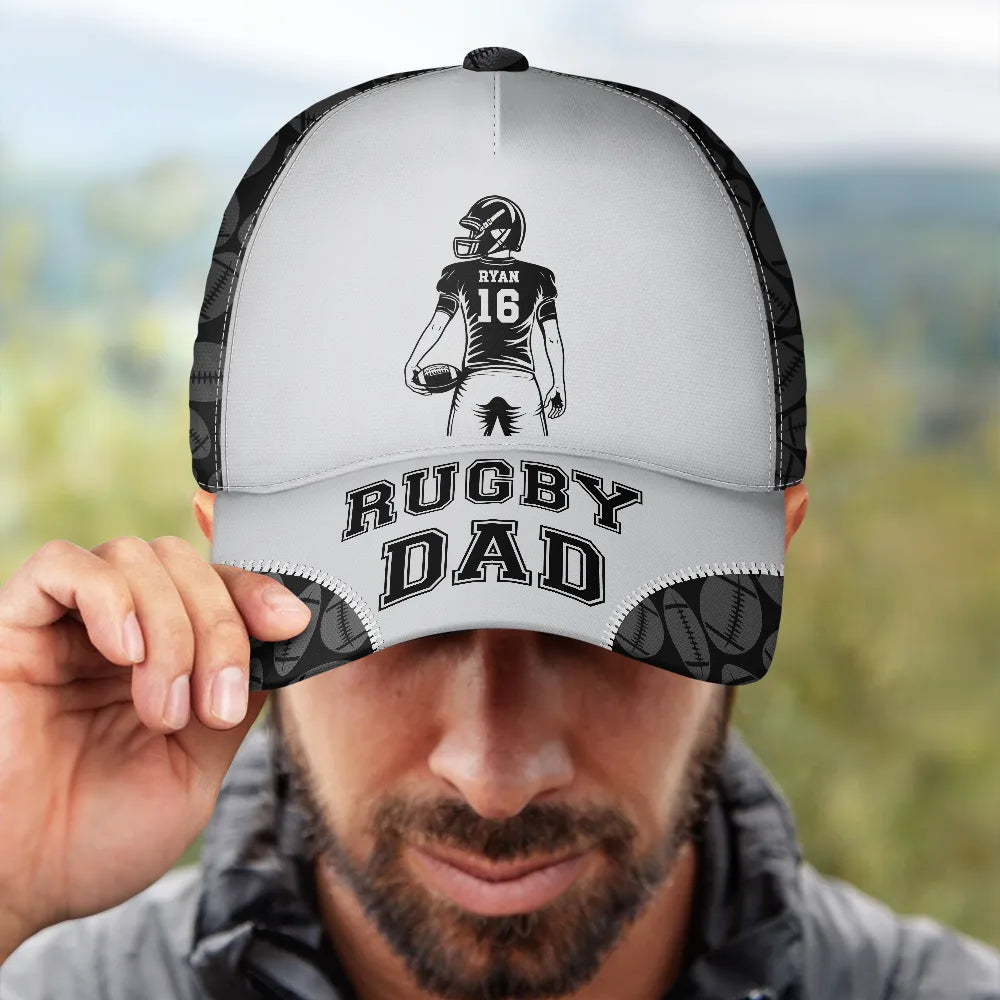 Gift For Father,Gift For Grandpa,Football,Non-Eng,Icon,Confident - American Football Dad Papa Kids Backside Line Art - Personalized Classic Cap