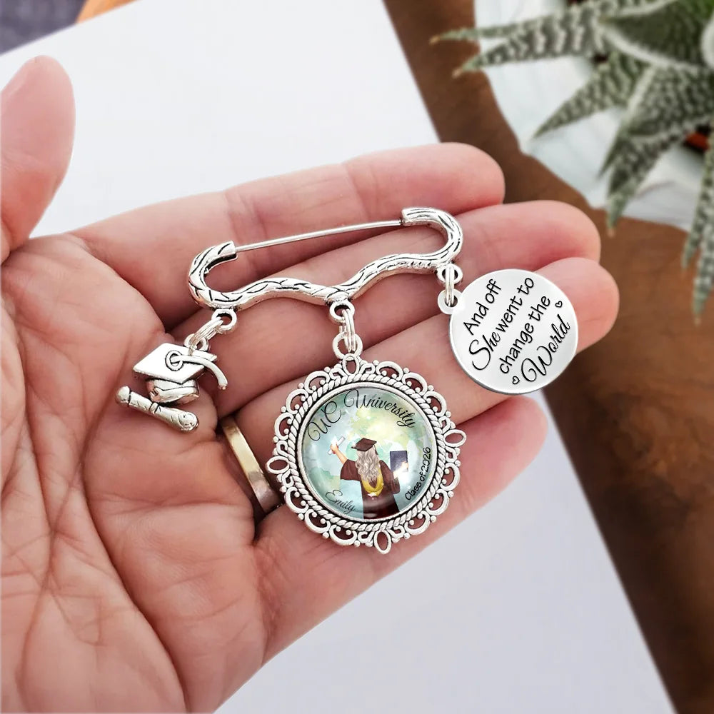 Graduation,Gift For Yourself,Gift For Women,Gift For Girlfriend,Gift For Sisters,Gift For Bestie,Happy - And Off She Went To Change The World - Personalized Graduation Tassel Pin